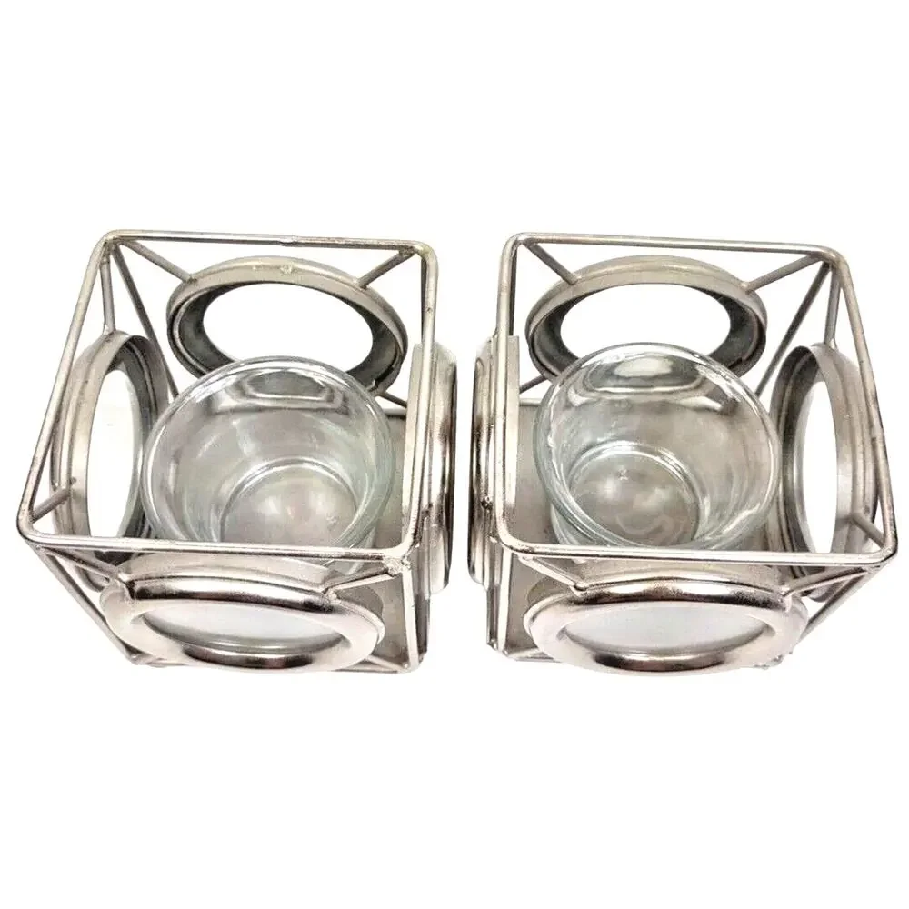 Metal and Glass Square Candle Holders 4 Sided Chrome Zodax Set Of 2 India